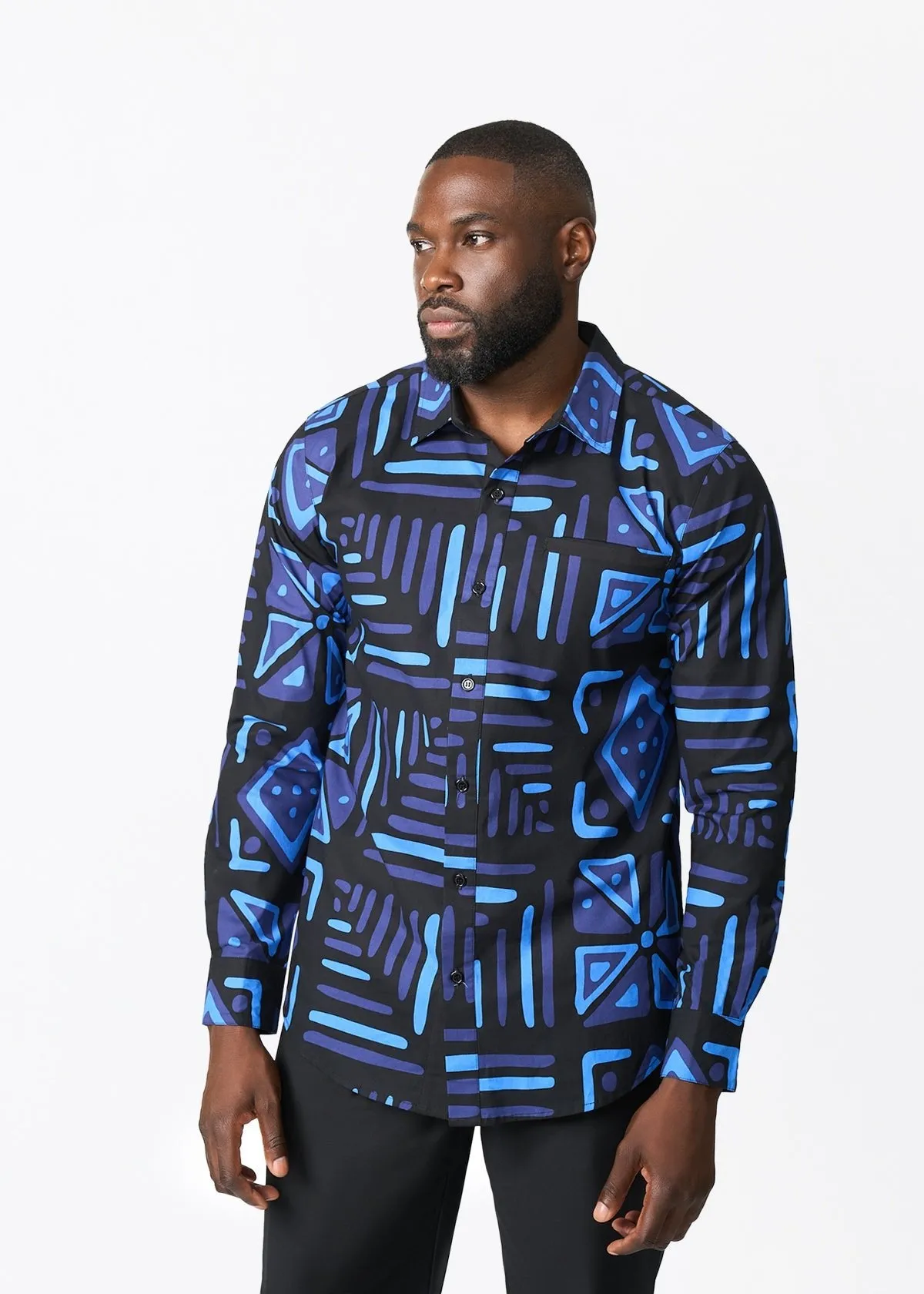 Mazi Men's African Print Button-up Shirt (Black Sapphire Tribal) sold by D'iyanu product image thumbnail 4