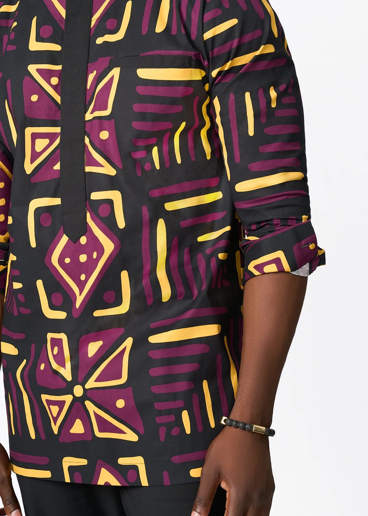 Ejiro Men's African Print Traditional Top (Plum Black Tribal) sold by D'iyanu product image thumbnail 3