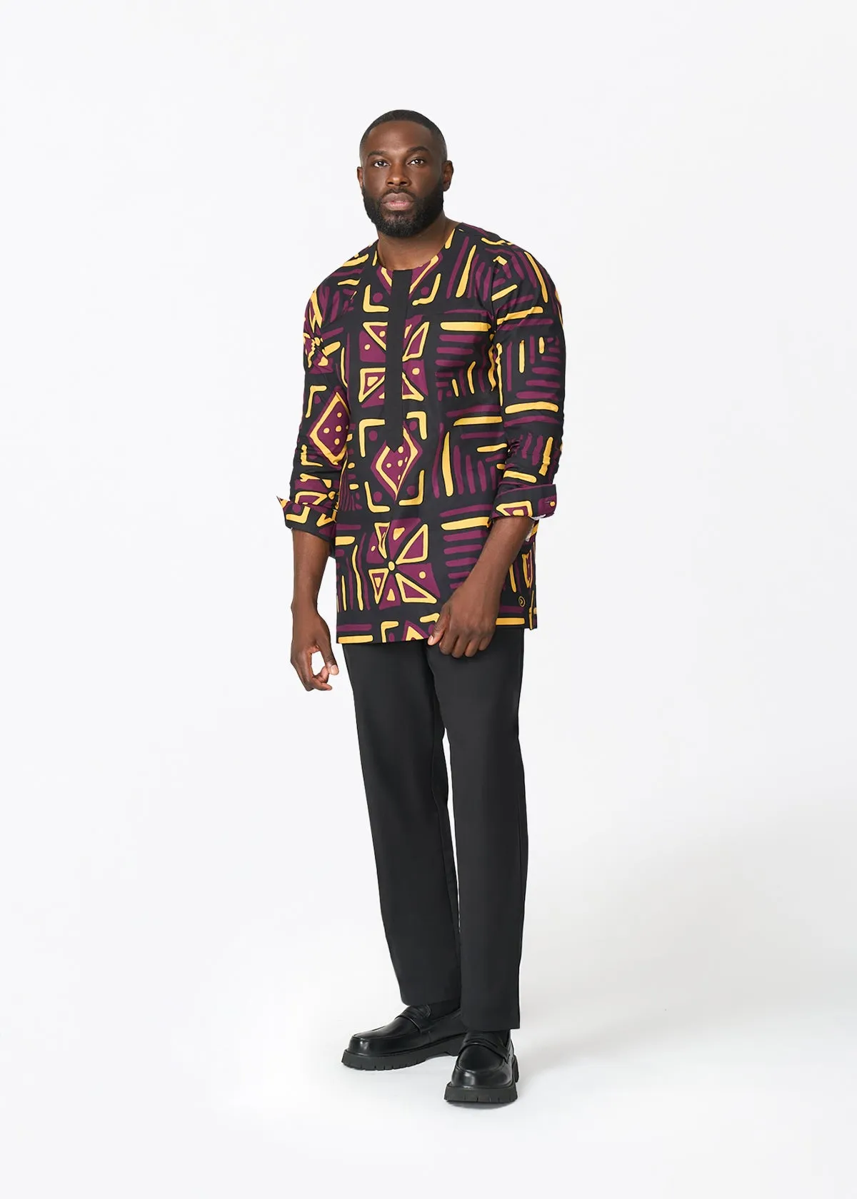 Ejiro Men's African Print Traditional Top (Plum Black Tribal) sold by D'iyanu product image thumbnail 2