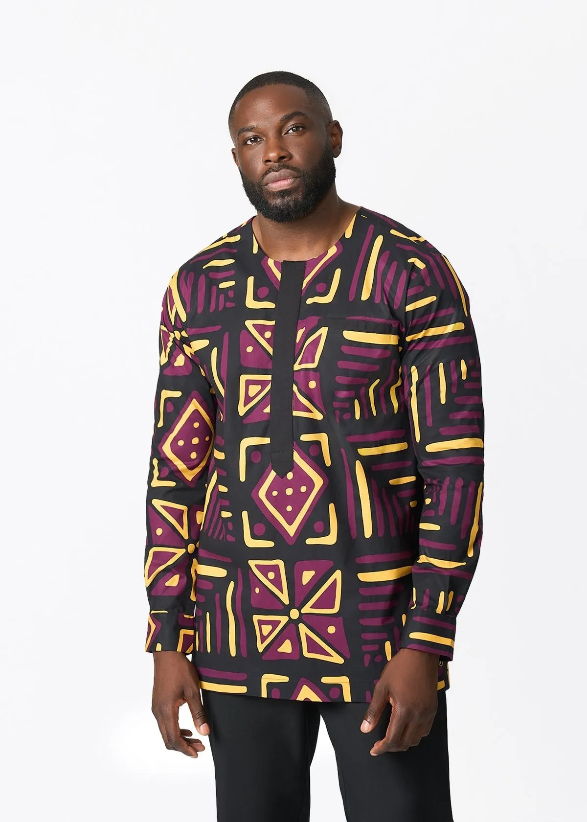Ejiro Men's African Print Traditional Top (Plum Black Tribal) sold by D'iyanu