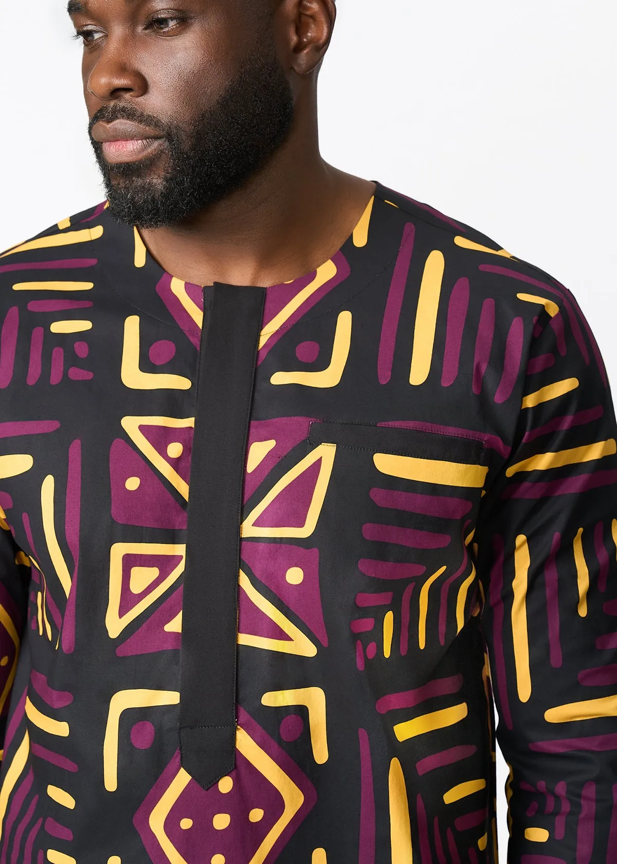 Ejiro Men's African Print Traditional Top (Plum Black Tribal) sold by D'iyanu product image thumbnail 4