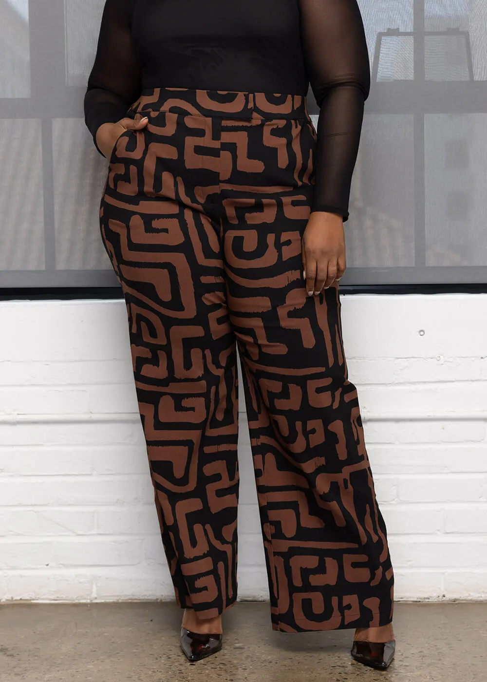 Thema Women's African Print Wide Leg Stretch Pants (Espresso Geometric) sold by D'iyanu