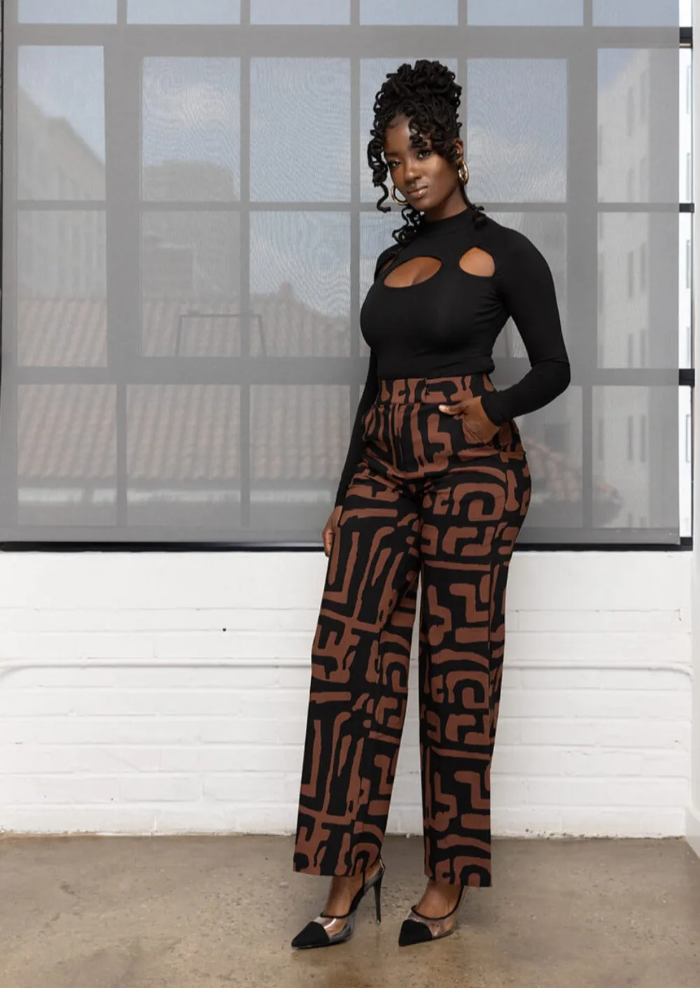 Thema Women's African Print Wide Leg Stretch Pants (Espresso Geometric) sold by D'iyanu product image thumbnail 2