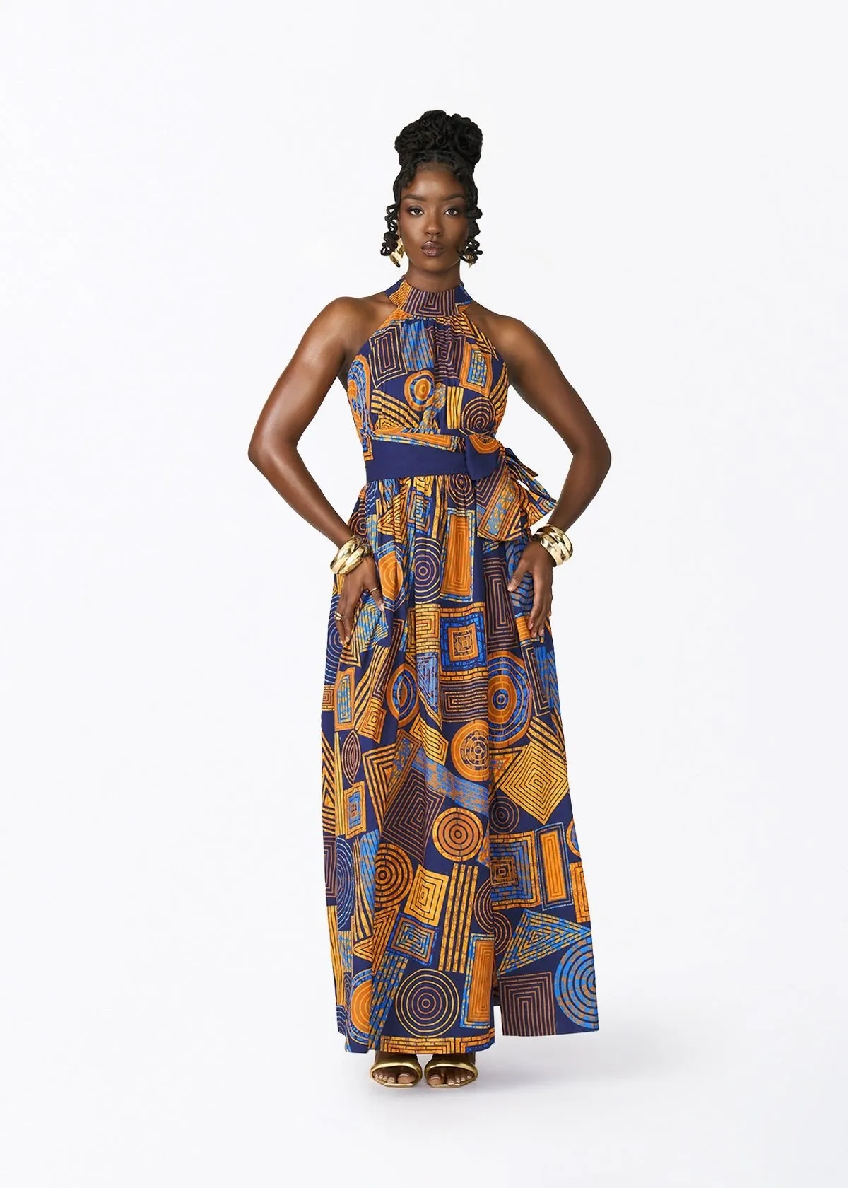 Ronke Women's African Print Maxi Dress (Royal Blue Geometric) sold by D'iyanu