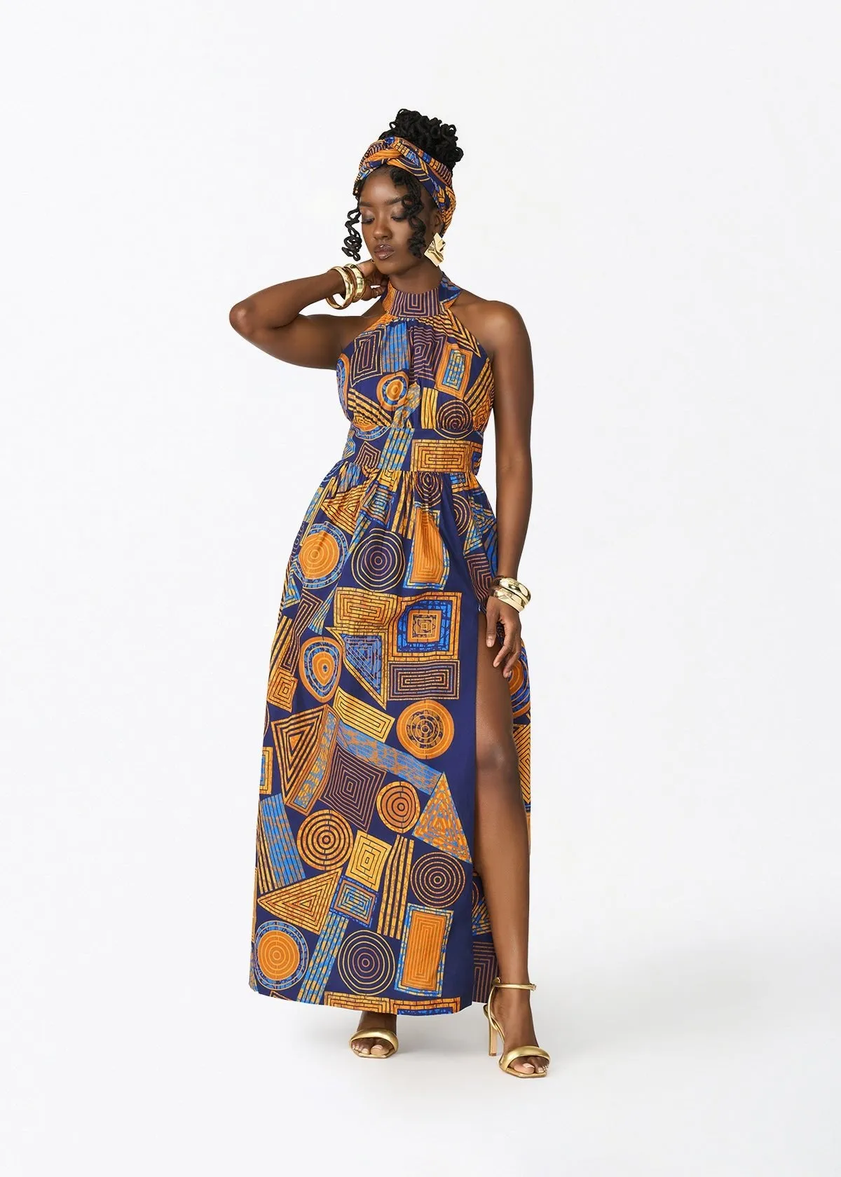 Ronke Women's African Print Maxi Dress (Royal Blue Geometric) sold by D'iyanu product image thumbnail 4