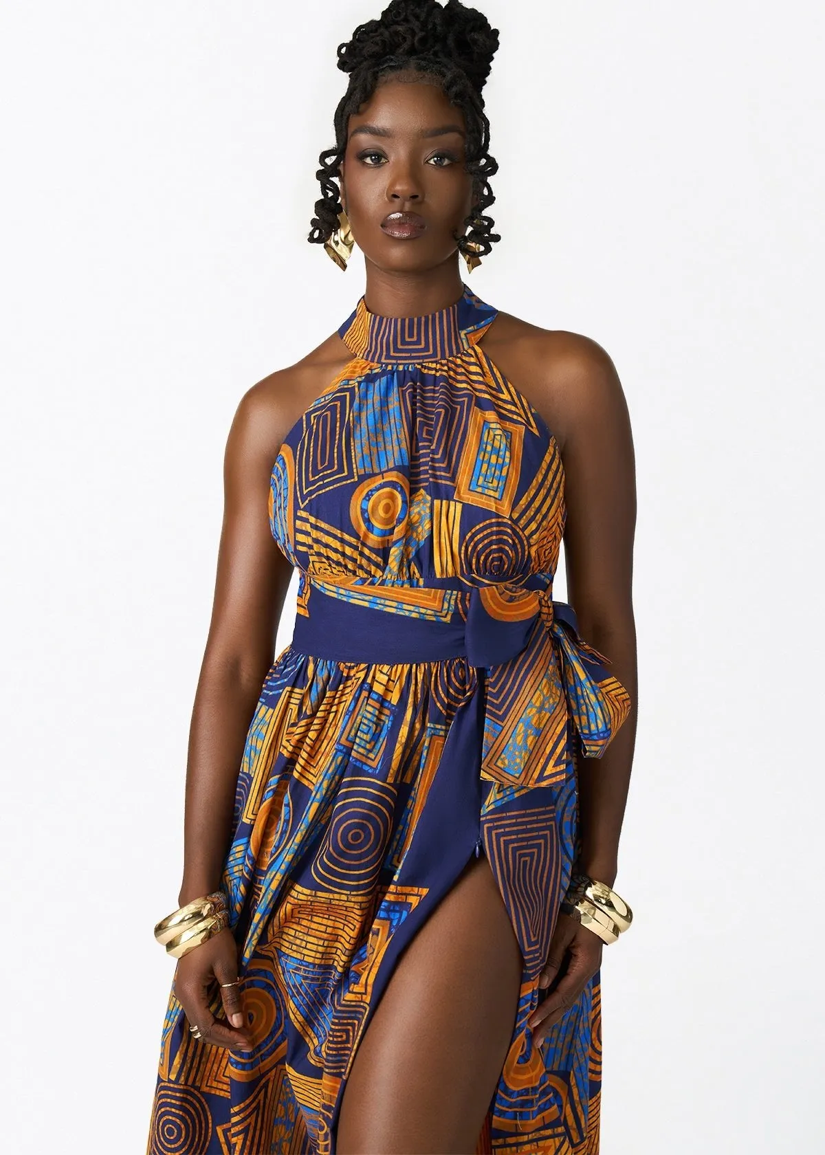 Ronke Women's African Print Maxi Dress (Royal Blue Geometric) sold by D'iyanu product image thumbnail 2