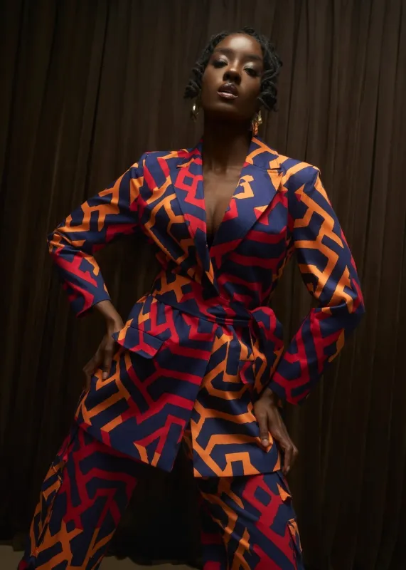 Izara Women's African Print Blazer (Blue Flame Tribal) made by D'iyanu