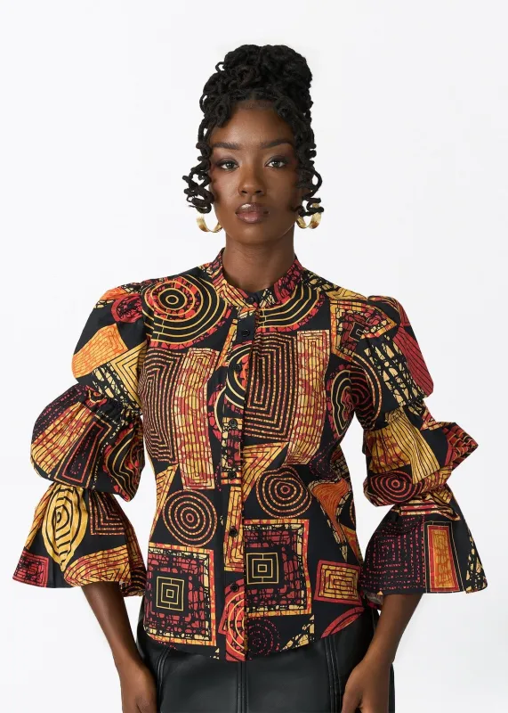 Manyara Women's African Print Peplum Blouse (Black Cinnamon Geometric) sold by D'iyanu