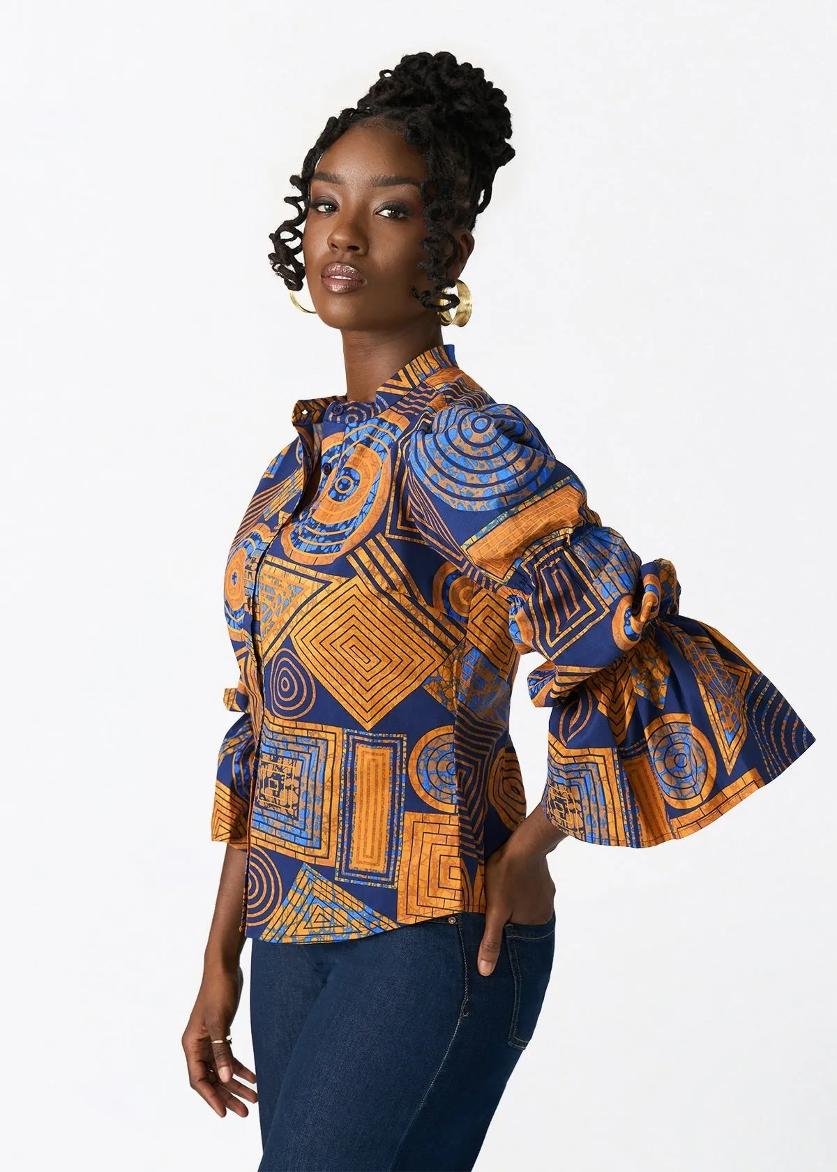 Manyara Women's African Print Peplum Blouse (Royal Blue Geometric) sold by D'iyanu product image thumbnail 3