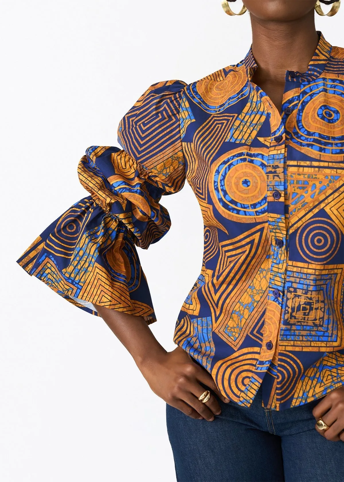 Manyara Women's African Print Peplum Blouse (Royal Blue Geometric) sold by D'iyanu product image thumbnail 4
