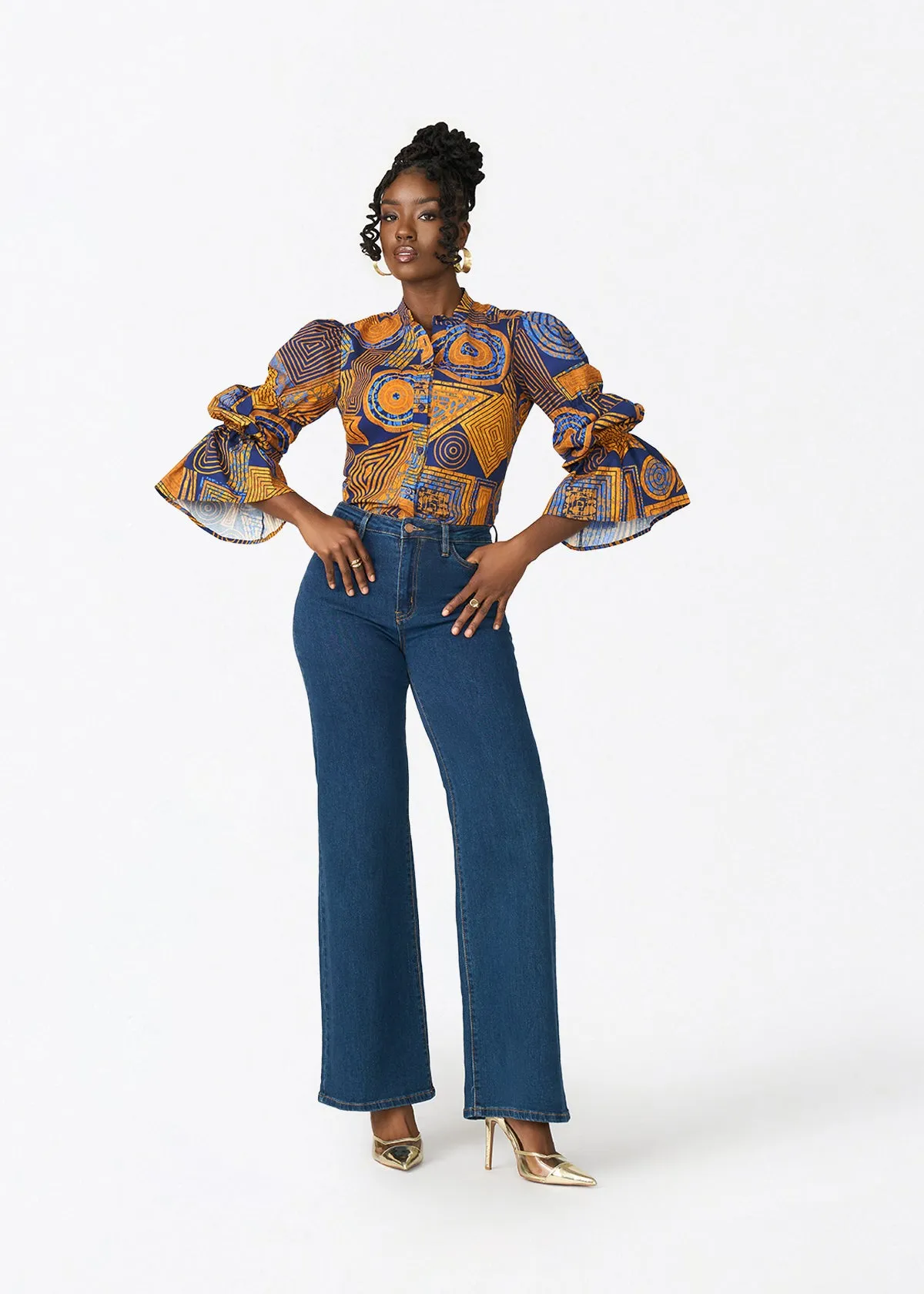 Manyara Women's African Print Peplum Blouse (Royal Blue Geometric) sold by D'iyanu product image thumbnail 2