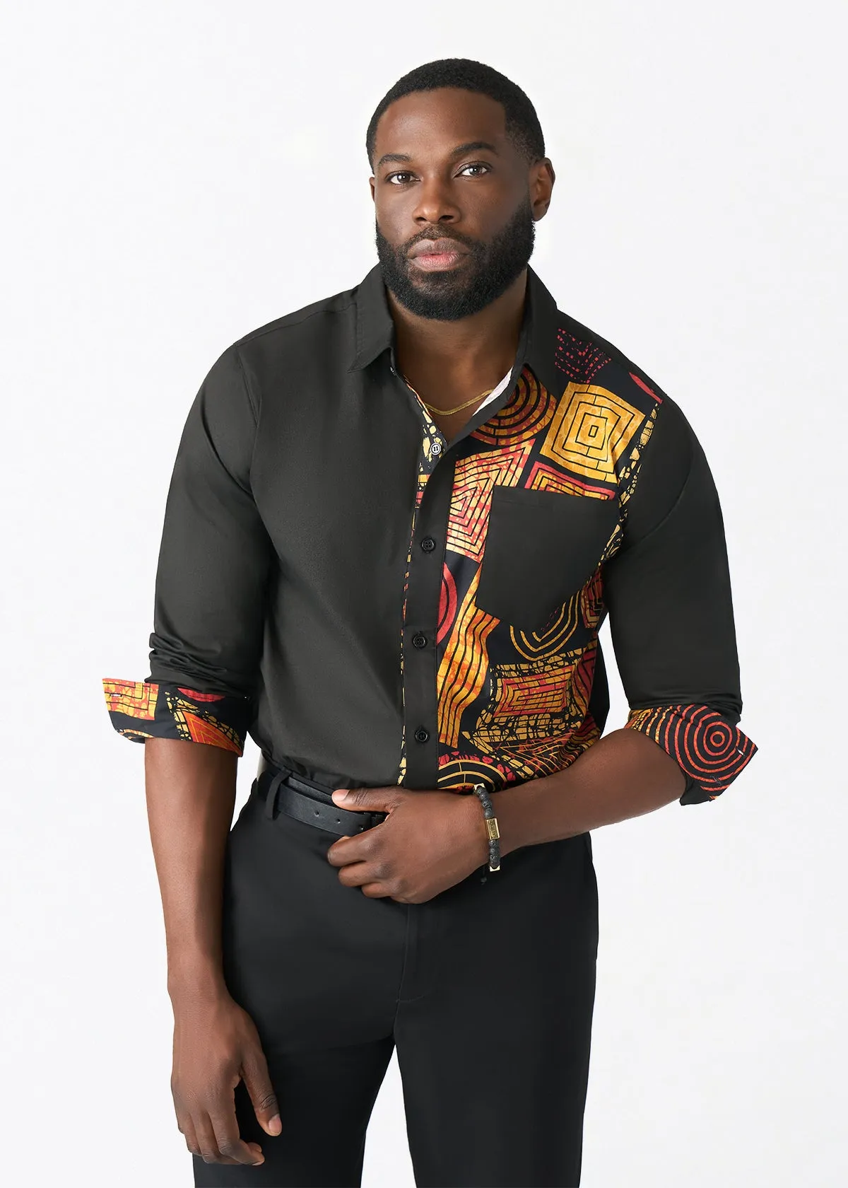Abiade Men's African Print Button Up (Black Cinnamon Geometric) sold by D'iyanu