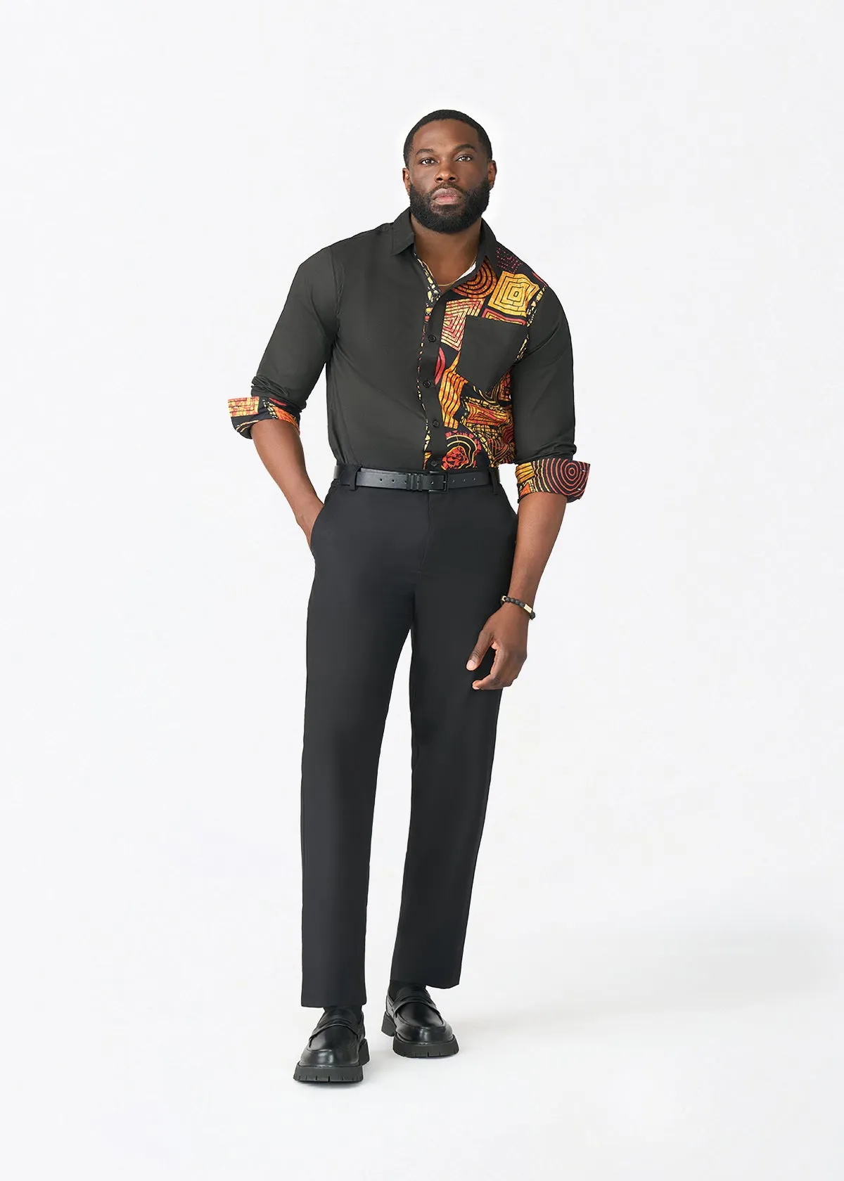 Abiade Men's African Print Button Up (Black Cinnamon Geometric) sold by D'iyanu product image thumbnail 2