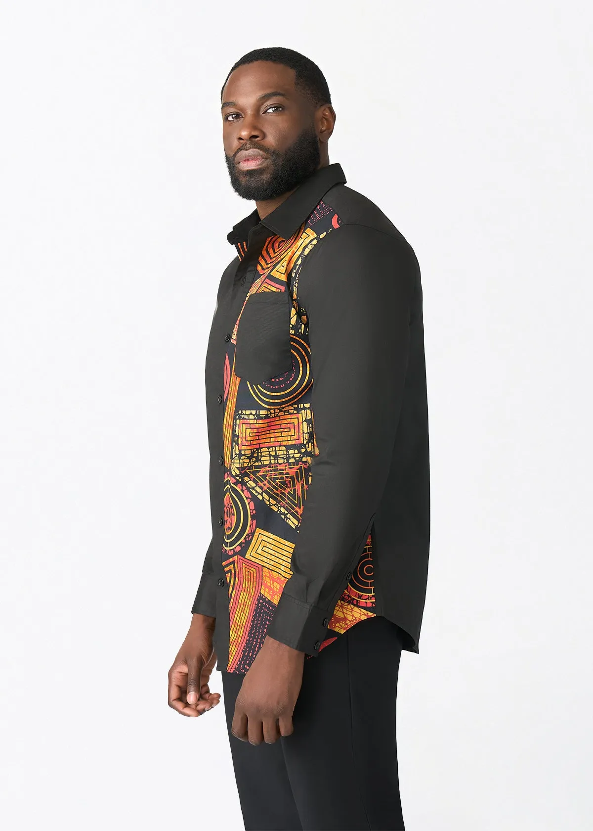 Abiade Men's African Print Button Up (Black Cinnamon Geometric) sold by D'iyanu product image thumbnail 3