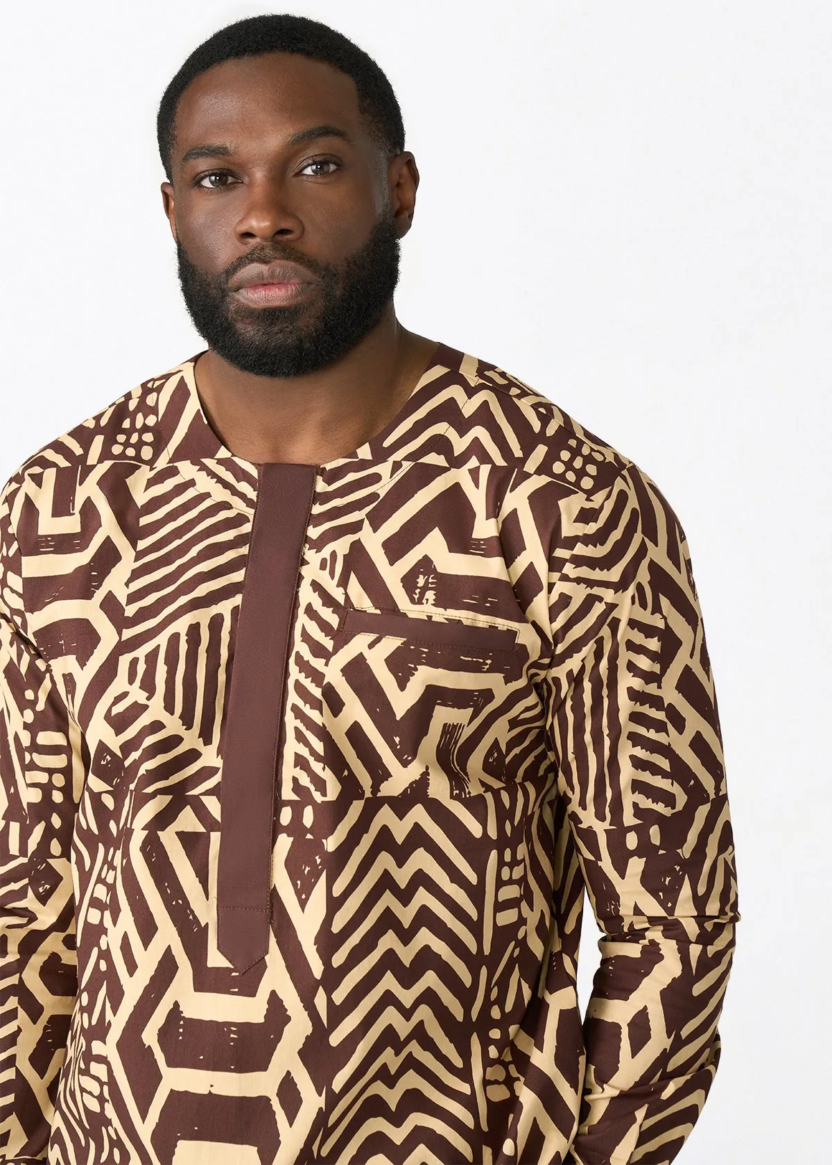 Ejiro Men's African Print Traditional Top (Chocolate Mousse Tribal) sold by D'iyanu