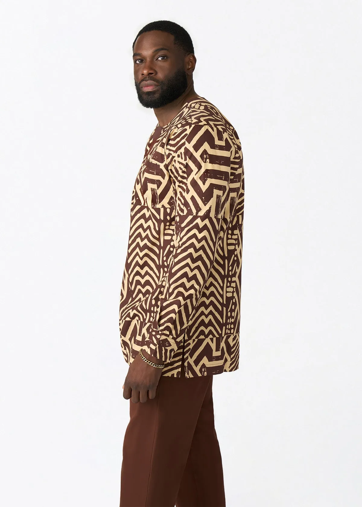 Ejiro Men's African Print Traditional Top (Chocolate Mousse Tribal) sold by D'iyanu product image thumbnail 3