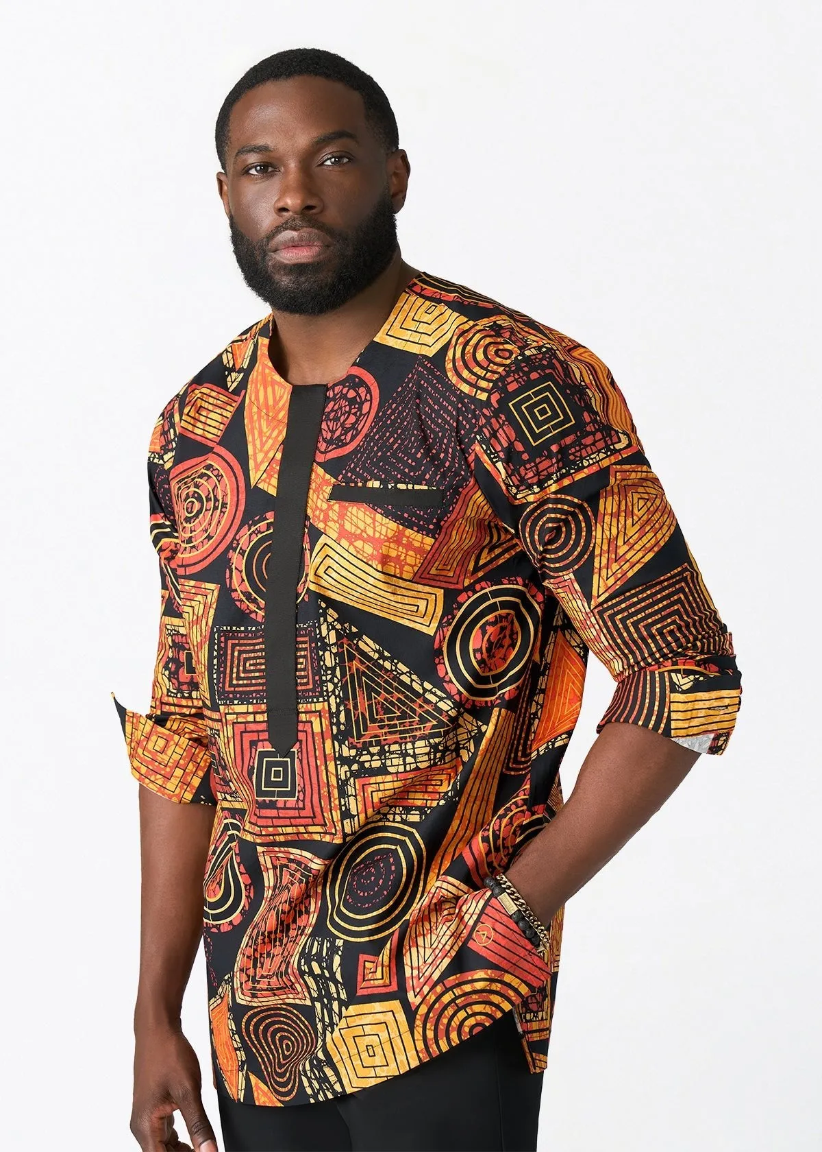 Ejiro Men's African Print Traditional Top (Black Cinnamon Geometric) sold by D'iyanu product image thumbnail 4