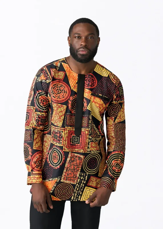 Ejiro Men's African Print Traditional Top (Black Cinnamon Geometric) sold by D'iyanu