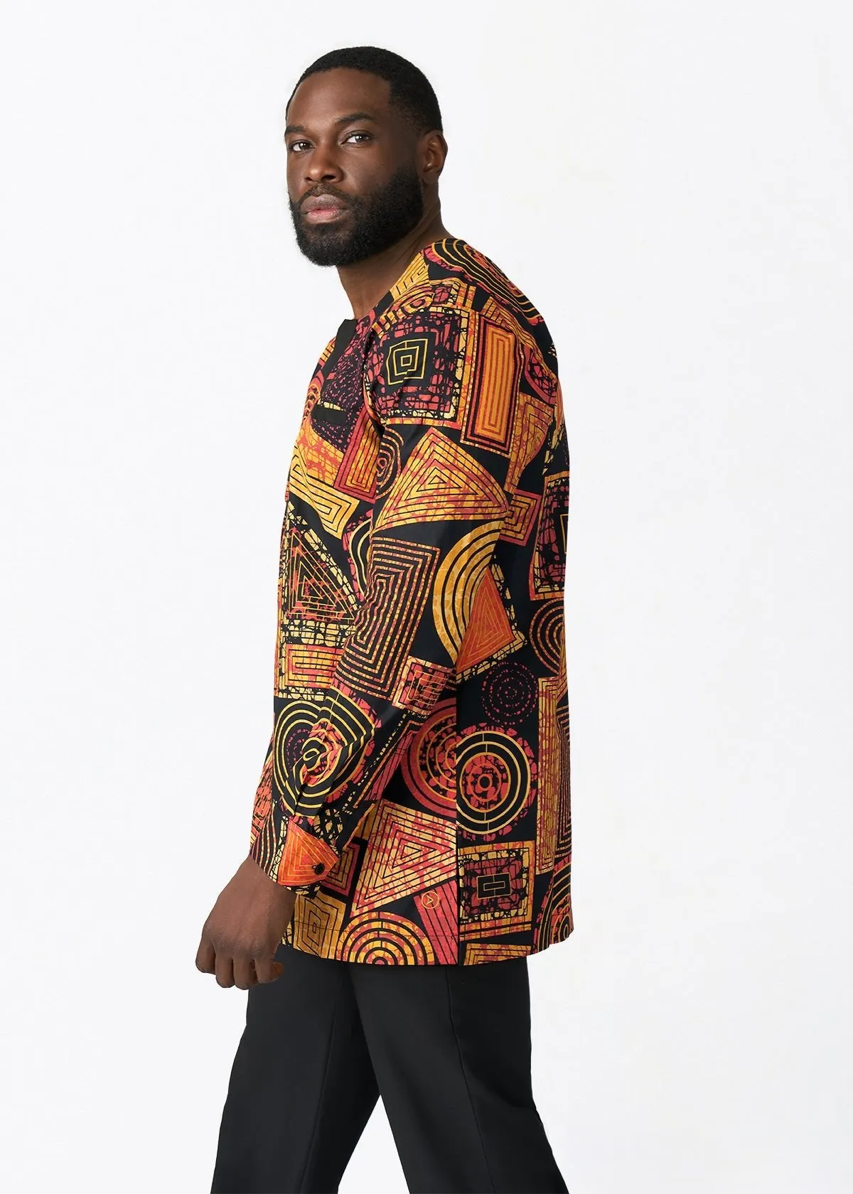 Ejiro Men's African Print Traditional Top (Black Cinnamon Geometric) sold by D'iyanu product image thumbnail 5