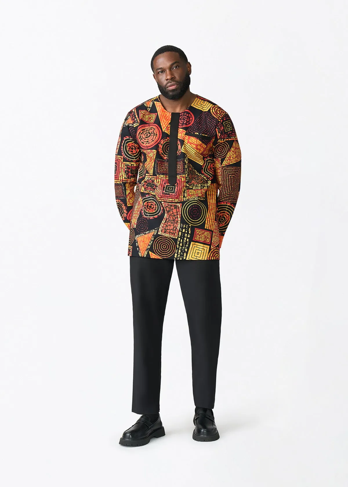 Ejiro Men's African Print Traditional Top (Black Cinnamon Geometric) sold by D'iyanu product image thumbnail 2
