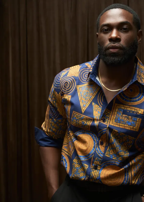 Mazi Men's African Print Button-up Shirt (Royal Blue Geometric) sold by D'iyanu