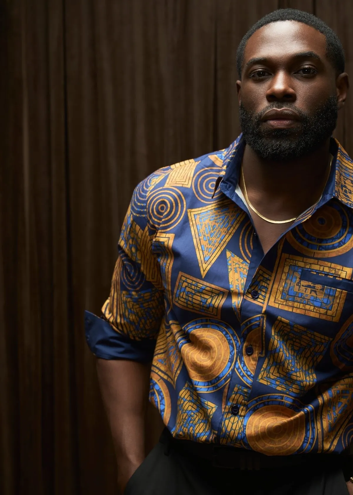 Mazi Men's African Print Button-up Shirt (Royal Blue Geometric) sold by D'iyanu