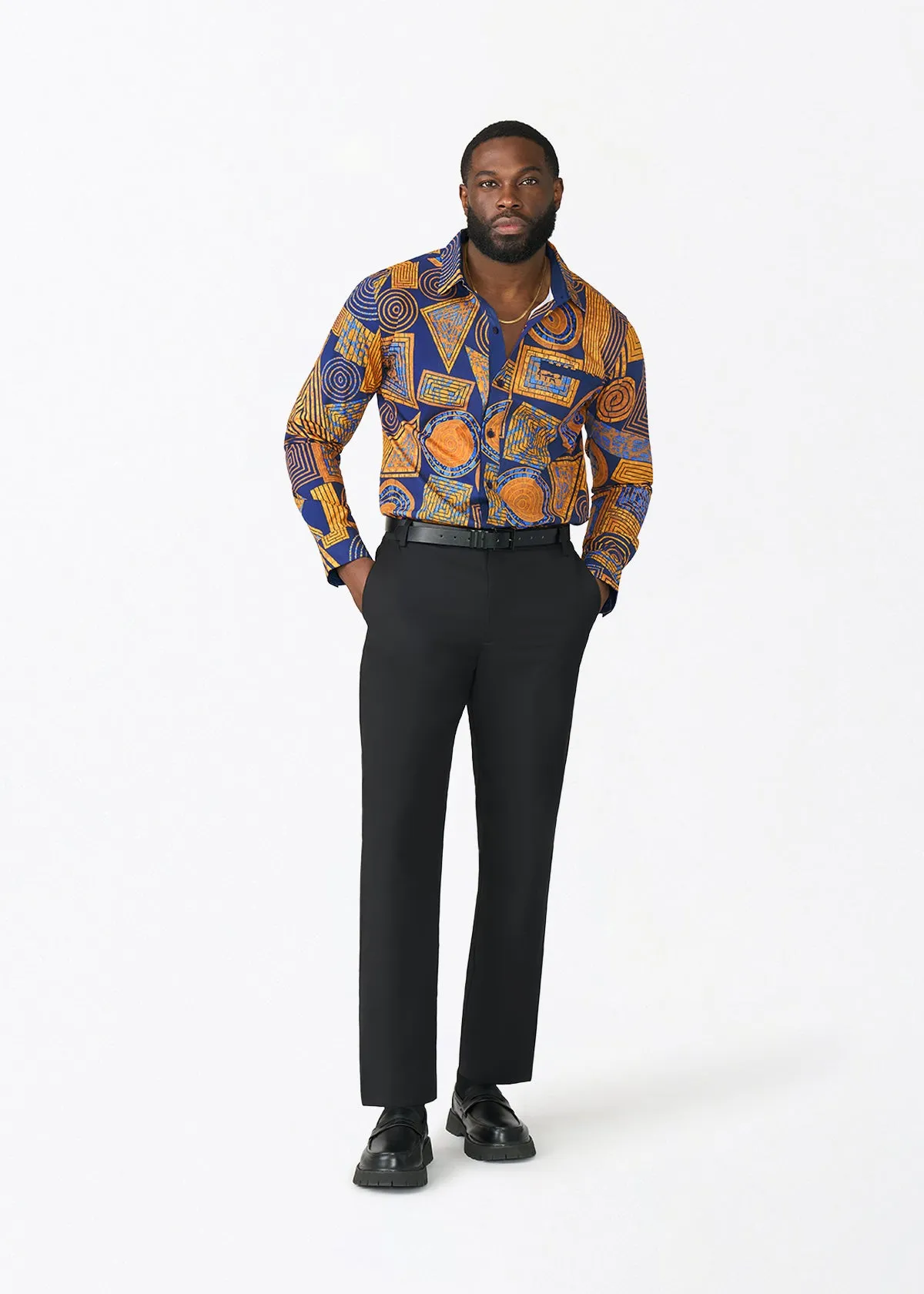 Mazi Men's African Print Button-up Shirt (Royal Blue Geometric) sold by D'iyanu product image thumbnail 2