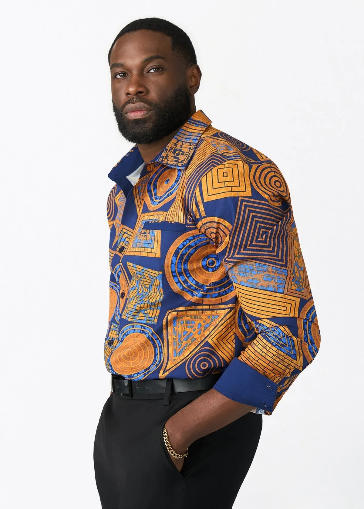 Mazi Men's African Print Button-up Shirt (Royal Blue Geometric) sold by D'iyanu product image thumbnail 3