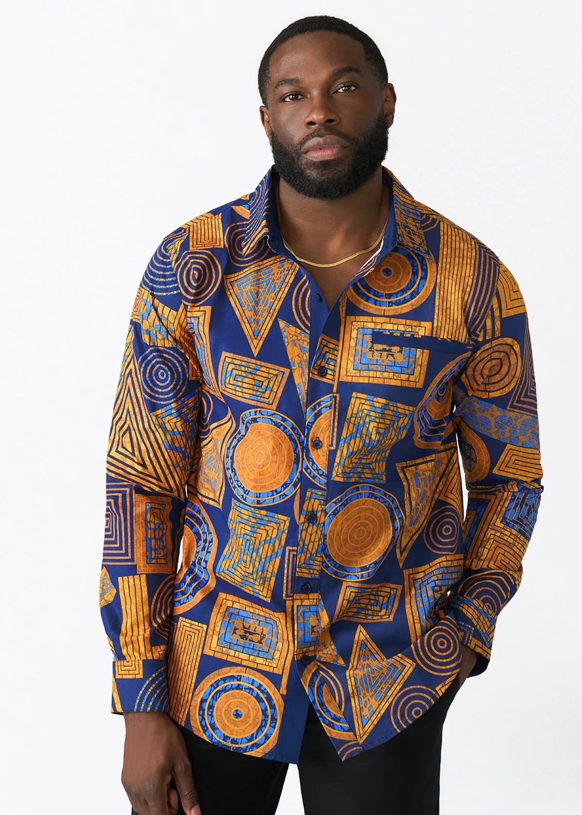 Mazi Men's African Print Button-up Shirt (Royal Blue Geometric) sold by D'iyanu product image thumbnail 4