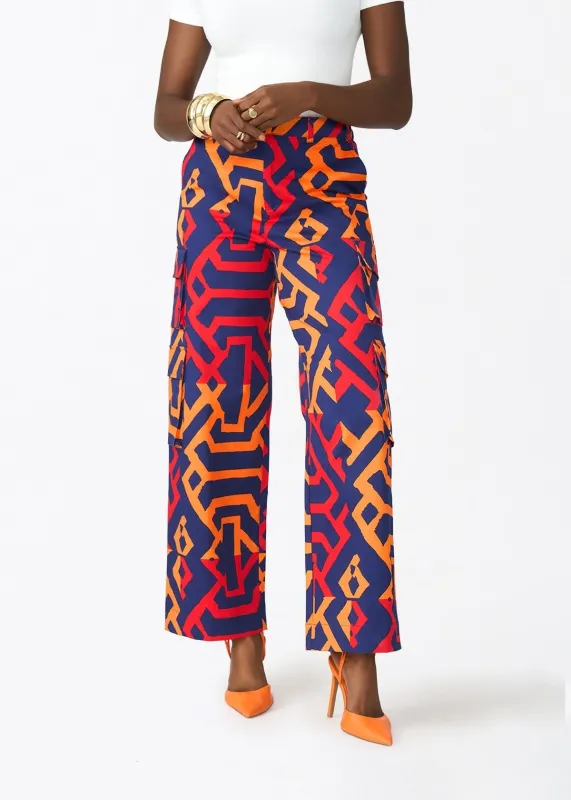 Yunma Women's African Print Twill Cargo Pants (Blue Flame Tribal) sold by D'iyanu