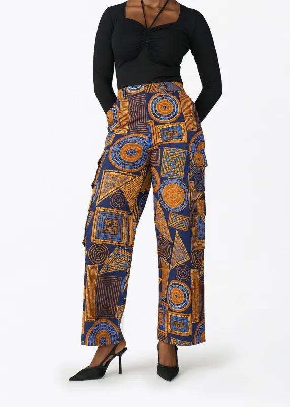 Yunma Women's African Print Twill Cargo Pant (Royal Blue Geometric) sold by D'iyanu