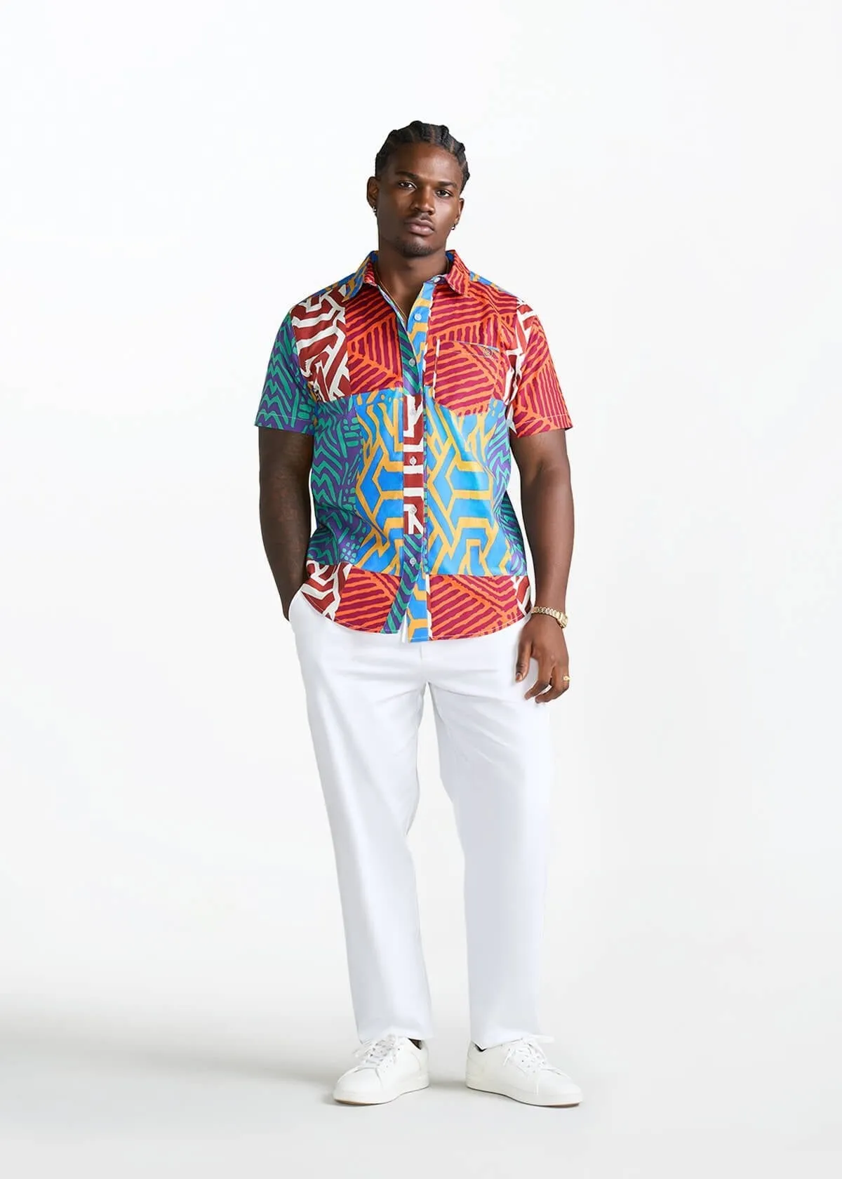 Tahir Men's African Print Button-Up shirt (Orange Blue Multipattern) sold by D'iyanu product image thumbnail 2