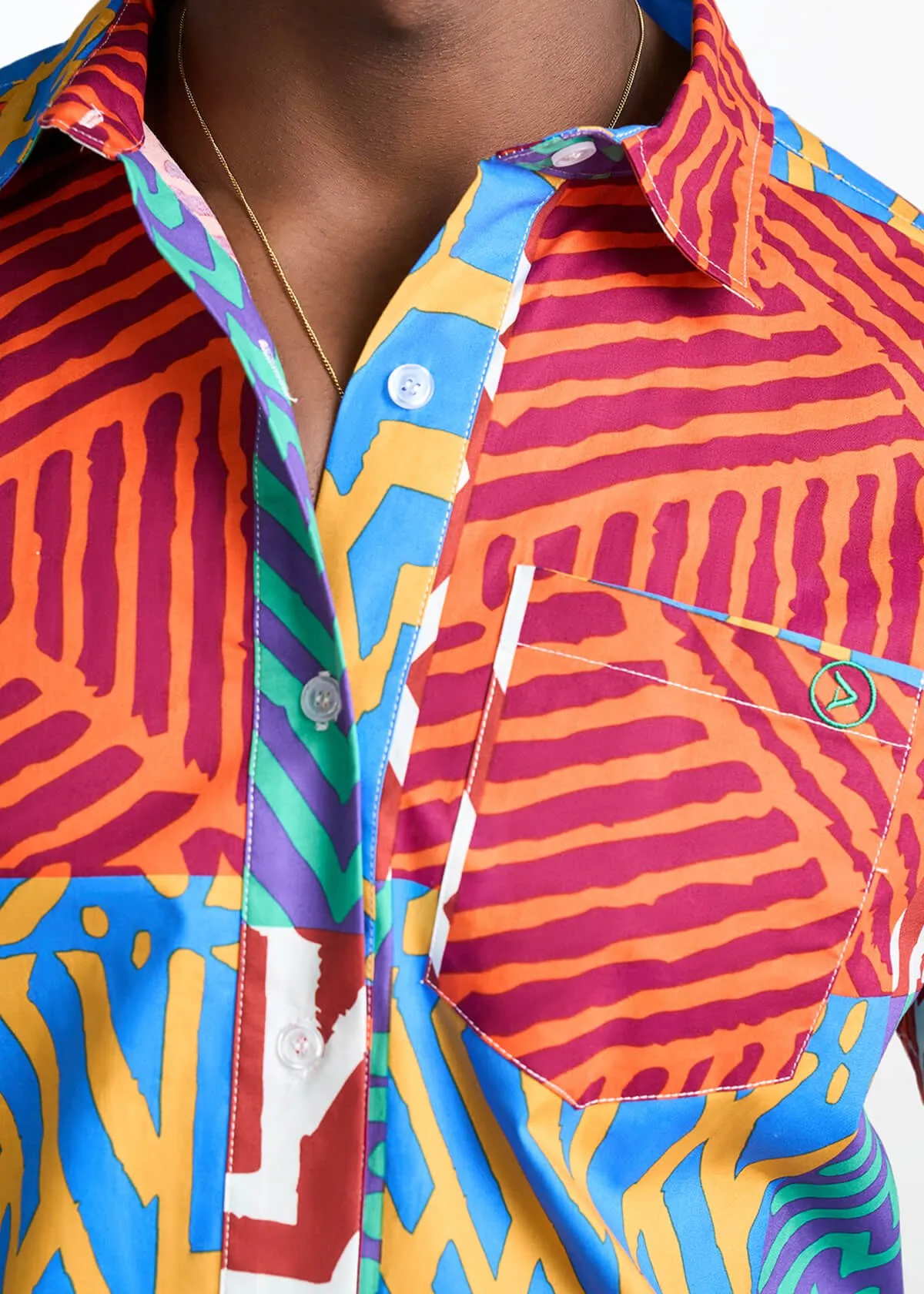 Tahir Men's African Print Button-Up shirt (Orange Blue Multipattern) sold by D'iyanu product image thumbnail 4