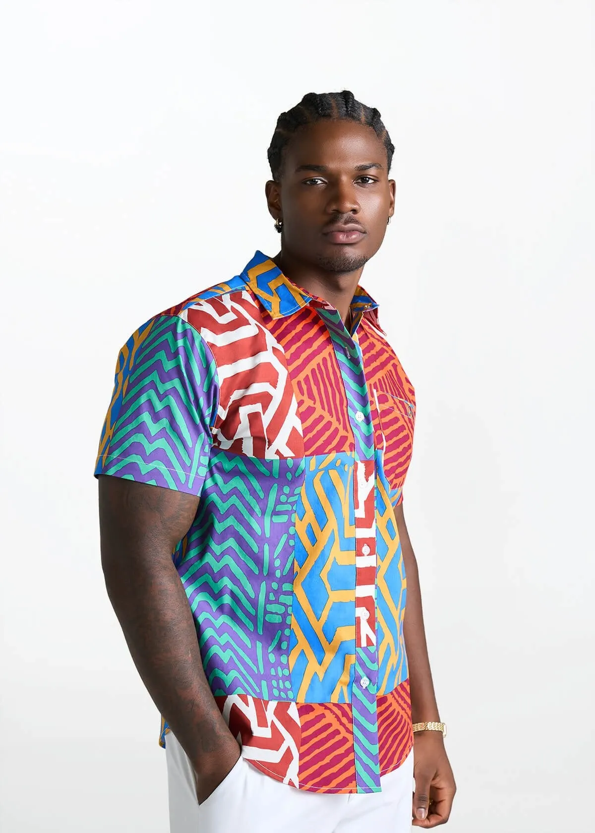 Tahir Men's African Print Button-Up shirt (Orange Blue Multipattern) sold by D'iyanu product image thumbnail 3