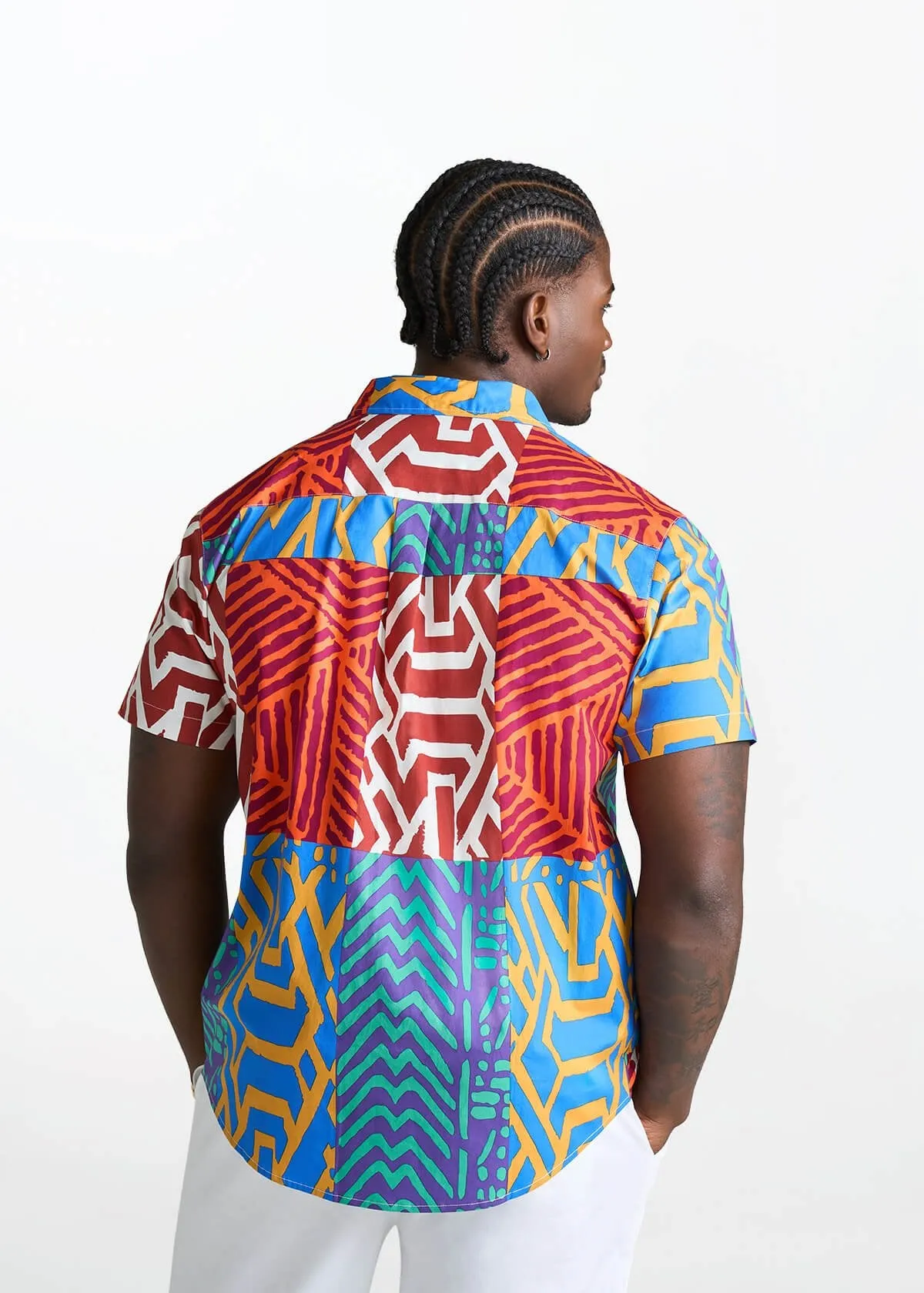 Tahir Men's African Print Button-Up shirt (Orange Blue Multipattern) sold by D'iyanu product image thumbnail 5