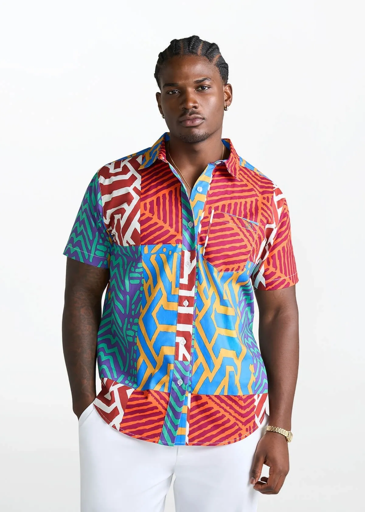 Tahir Men's African Print Button-Up shirt (Orange Blue Multipattern) sold by D'iyanu