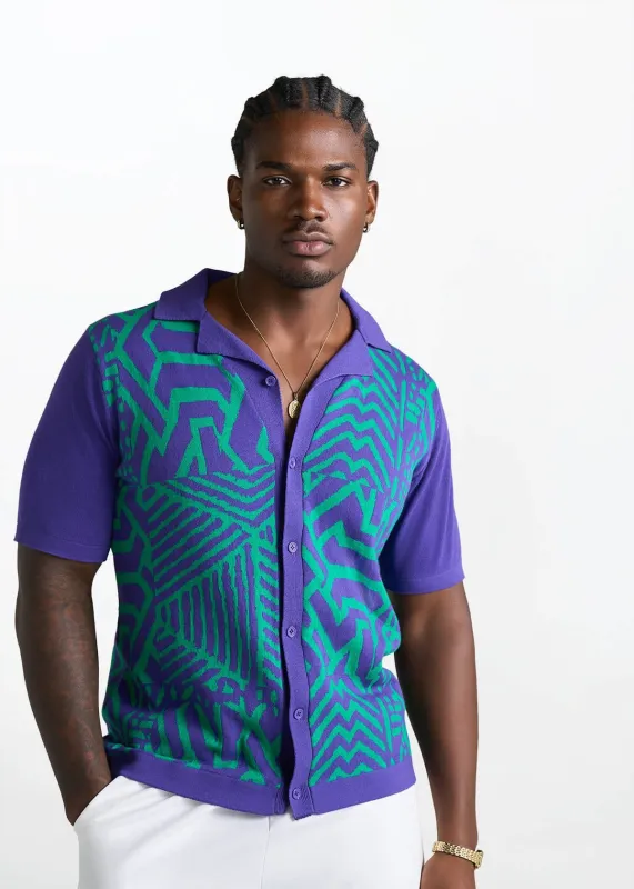 Obi Men's African Print Knit Shirt (Purple Turquoise Multipattern) made by D'iyanu