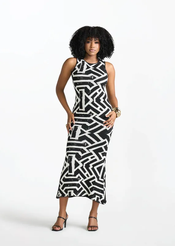 Zolani Women's African Print Knit Dress (Onyx Cream Tribal) made by D'iyanu