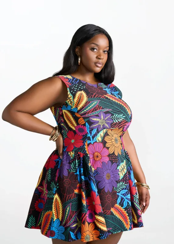 Tadala Women's African Print Stretch Mini Dress (Black Tropical Floral) made by D'iyanu