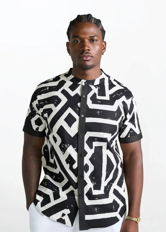Bolaji Men's African Print Mandarin Button-Up Shirt (Onyx Cream Tribal) made by D'iyanu