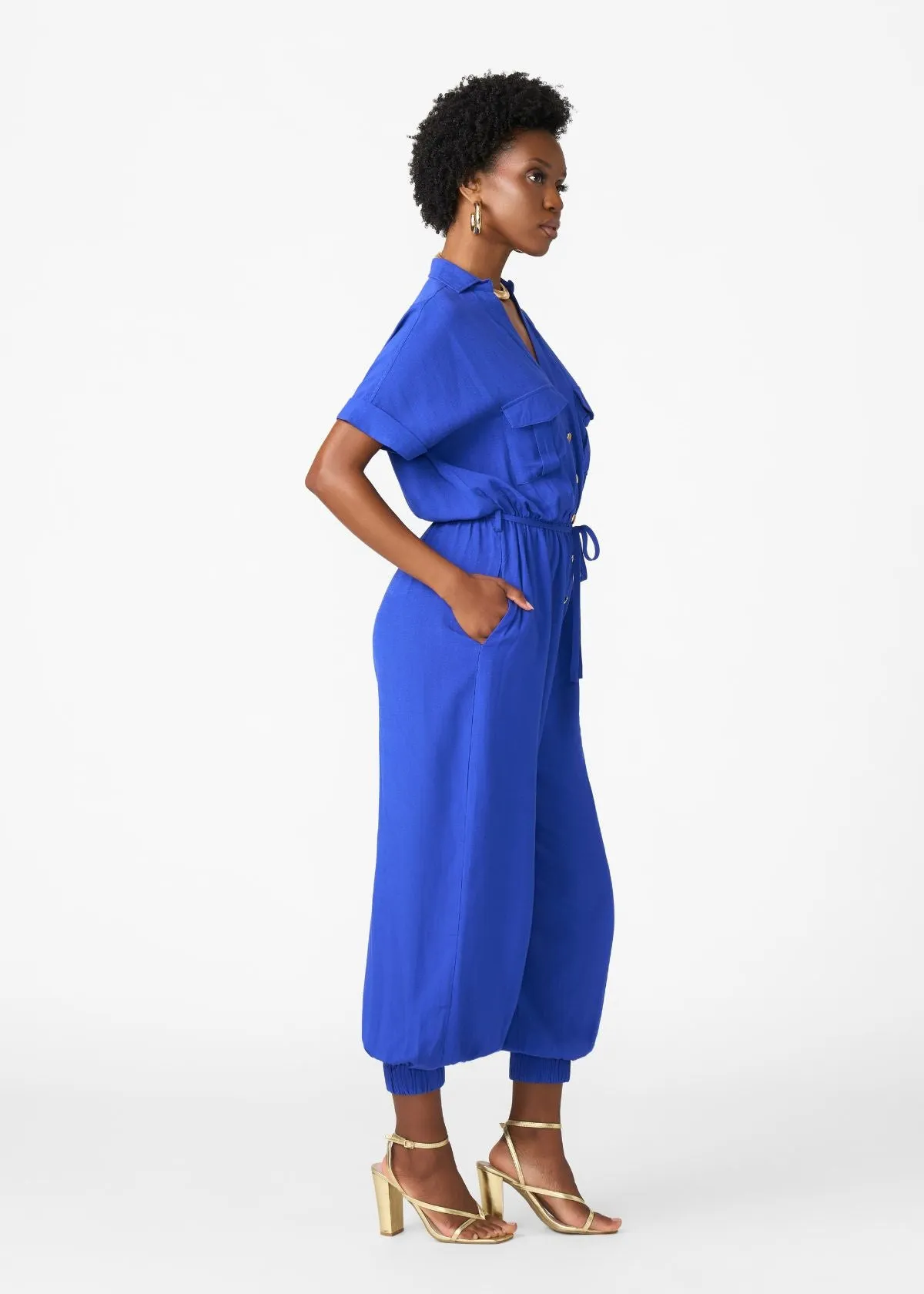 Alheri Women’s African Linen Blend Button Front Jumpsuit (Cobalt) sold by D'iyanu product image thumbnail 4