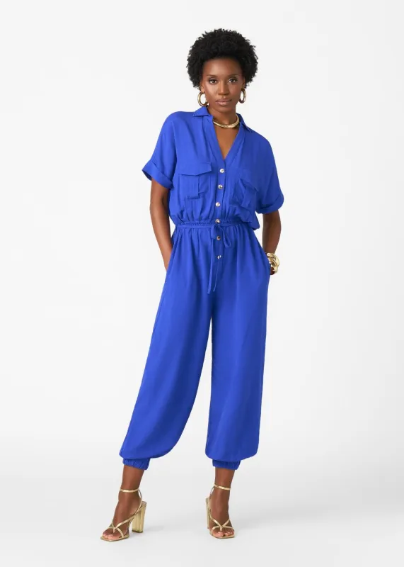 Alheri Women’s African Linen Blend Button Front Jumpsuit (Cobalt) made by D'iyanu