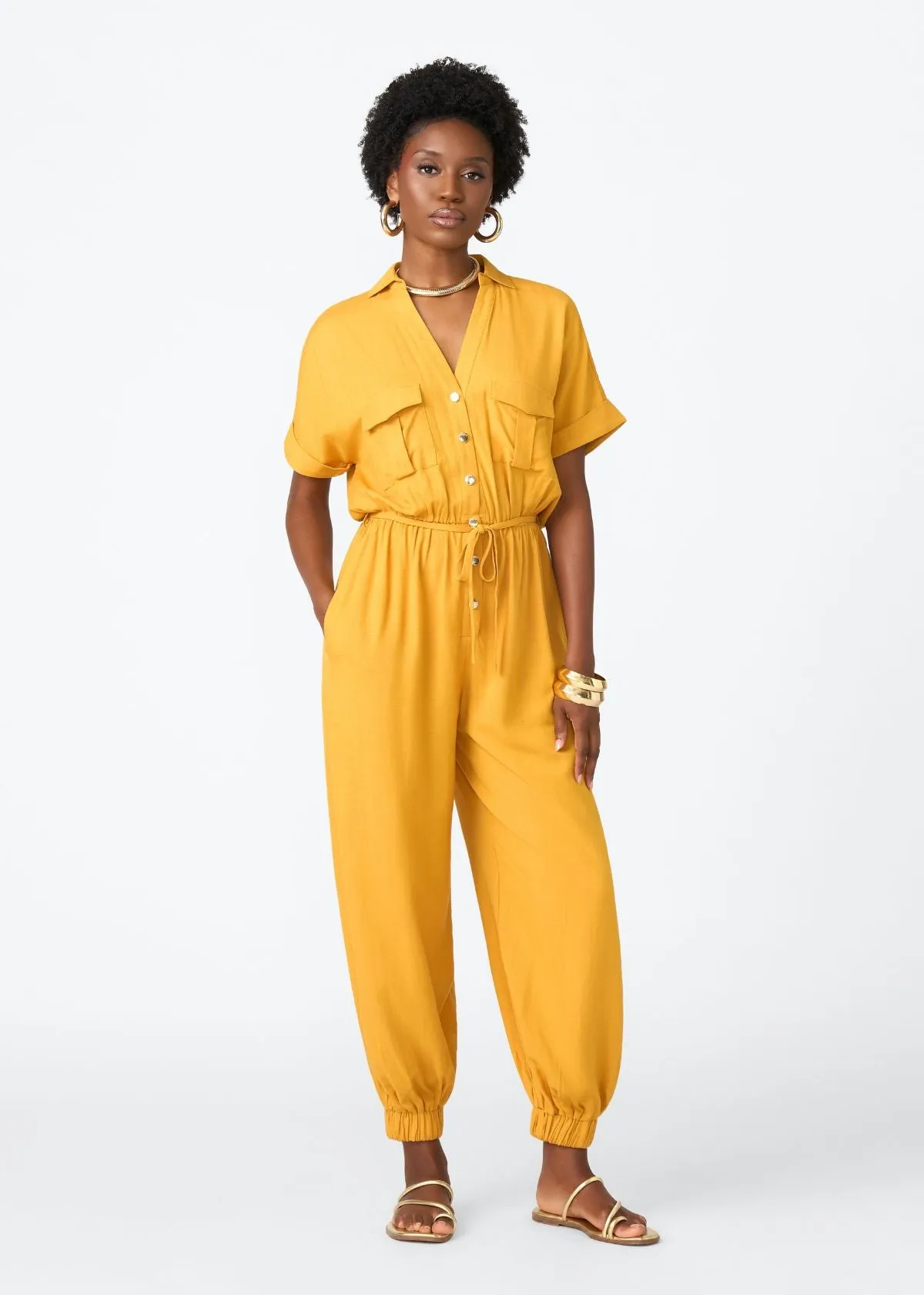 Alheri Women’s African Linen Blend Button Front Jumpsuit (Gold) sold by D'iyanu