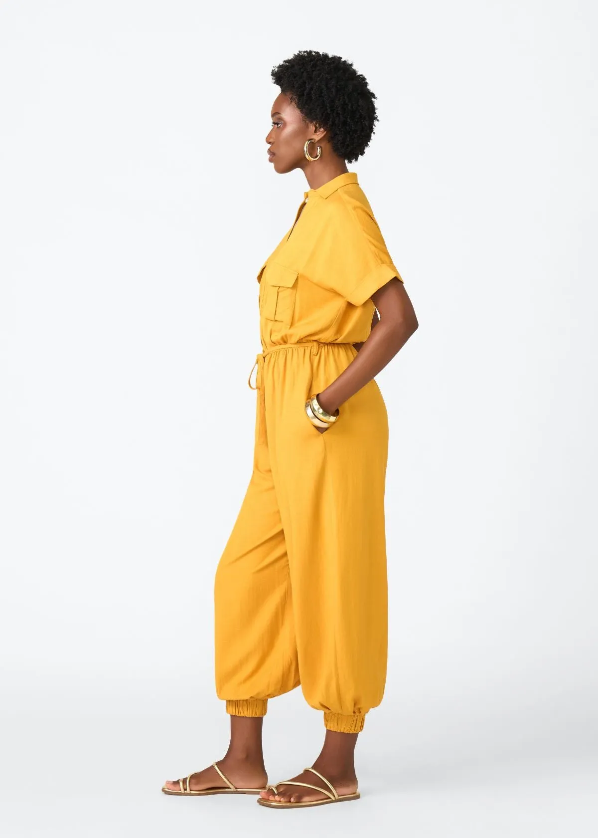 Alheri Women’s African Linen Blend Button Front Jumpsuit (Gold) sold by D'iyanu product image thumbnail 3