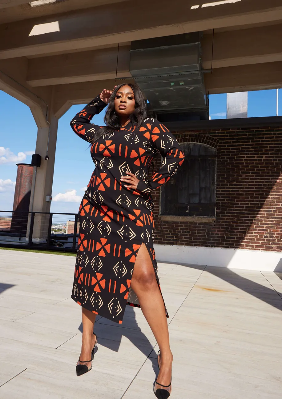 Chidima Women's African Print Stretch Midi Dress (Natural Mudcloth) sold by D'iyanu product image thumbnail 5
