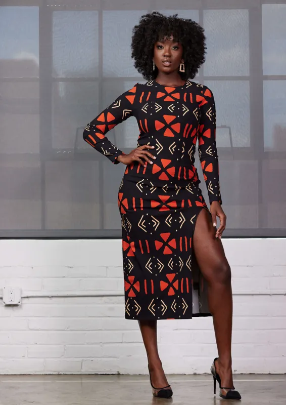 Chidima Women's African Print Stretch Midi Dress (Natural Mudcloth) made by D'iyanu