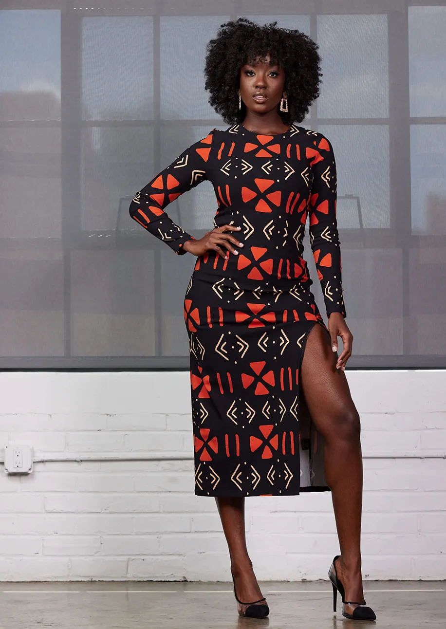 Chidima Women's African Print Stretch Midi Dress (Natural Mudcloth) sold by D'iyanu