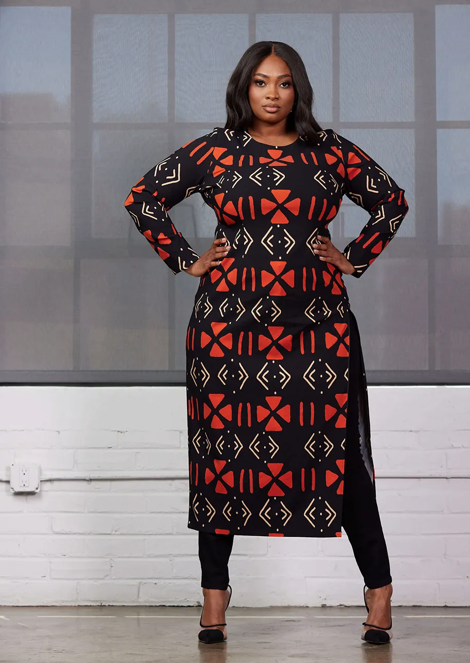 Chidima Women's African Print Stretch Midi Dress (Natural Mudcloth) sold by D'iyanu product image thumbnail 2