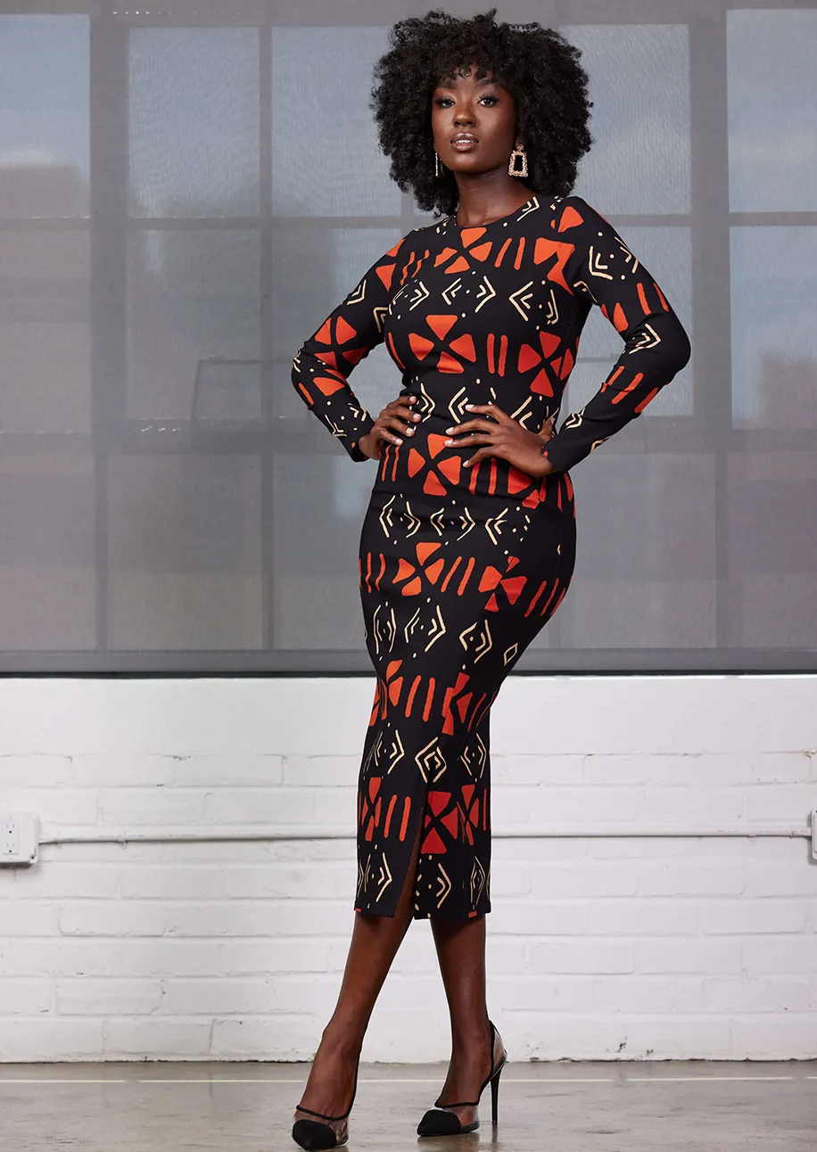 Chidima Women's African Print Stretch Midi Dress (Natural Mudcloth) sold by D'iyanu product image thumbnail 4