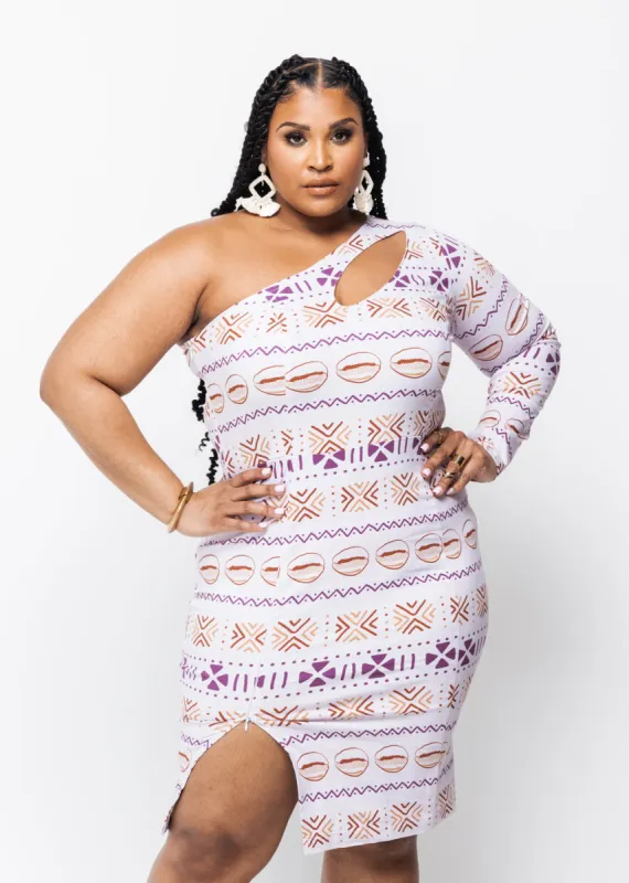 Deja Women's African Print One Stretch Shoulder Dress with Cut-Out (Mauve Plum Mudcloth) - Clearance made by D'iyanu